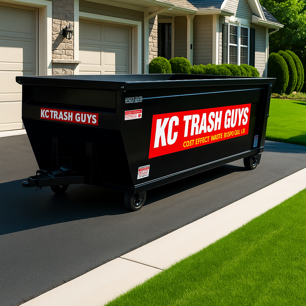 A black roll-off dumpster labeled "KC Trash Guys" in bold red and white lettering is placed on a residential driveway in front of a modern suburban home with well-manicured landscaping.