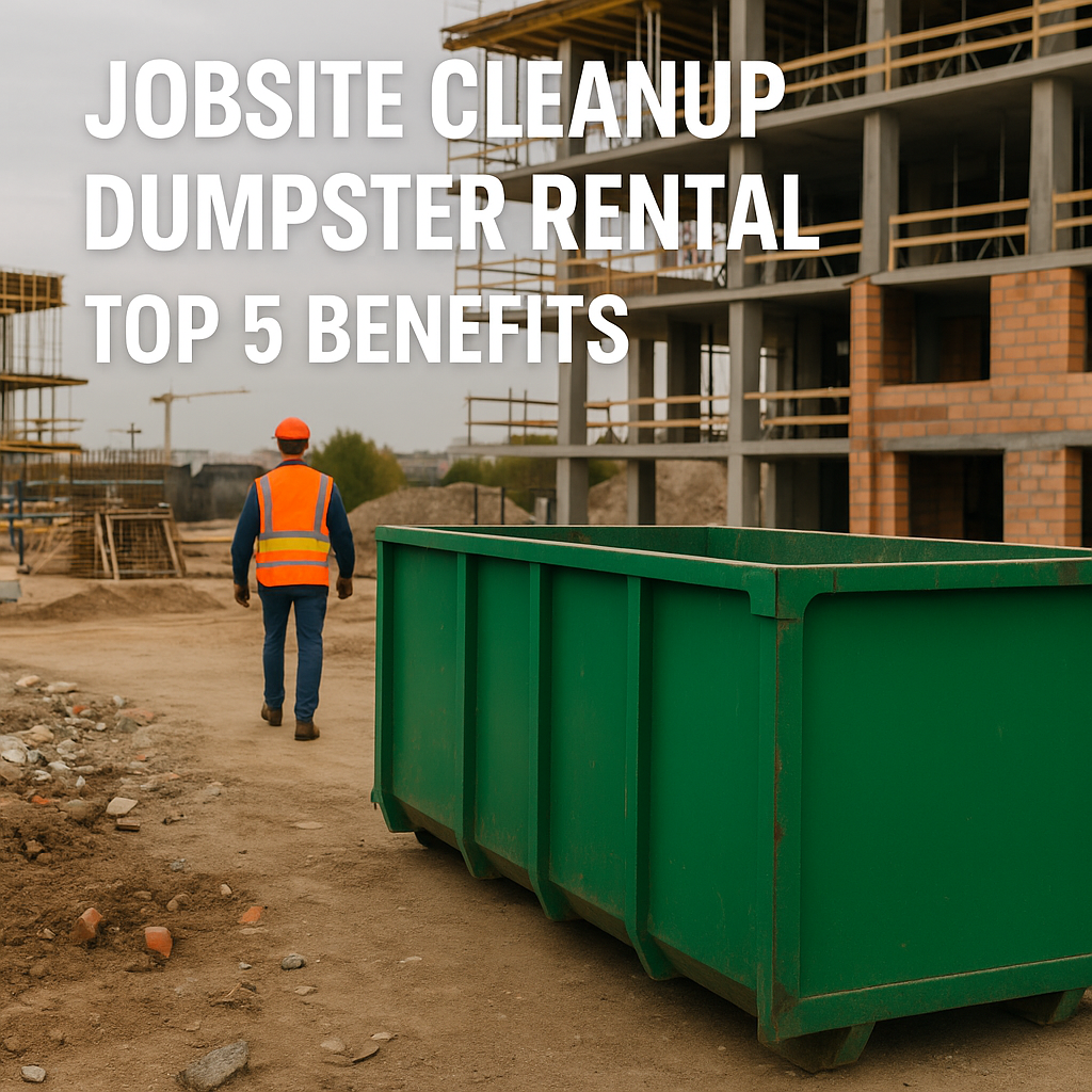 Various sizes of roll-off dumpsters lined up at a Kansas City jobsite with a banner reading: Flexible Rental Terms – 15, 20, 25, and 30-yard containers for every project. Jobsite Dumpster Rental