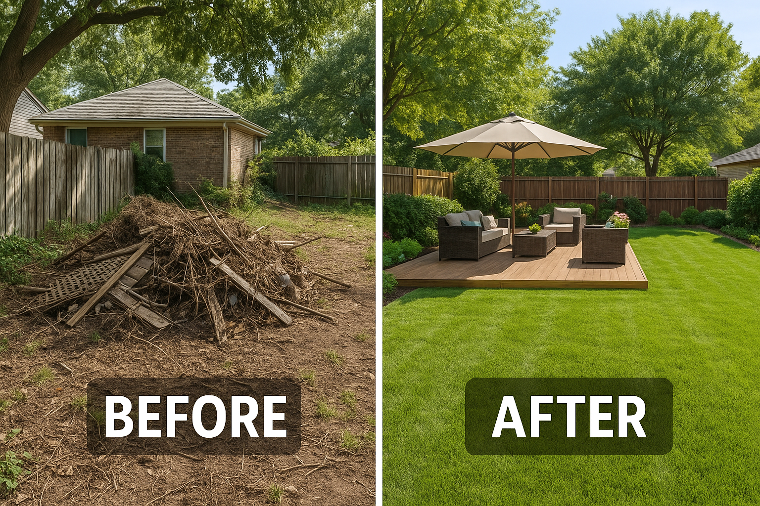 Side-by-side before-and-after photo of a Kansas City backyard makeover. The left side shows an overgrown, cluttered yard with old patio pavers, weeds, and debris. The right side reveals a clean, transformed space with fresh landscaping, a new deck, and an open lawn—highlighting the results of effective cleanup with KC Trash Guys dumpster rental.
