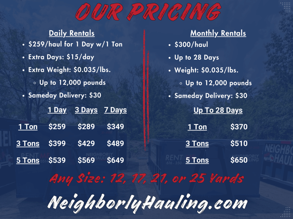 Neighborly Hauling pricing chart showing daily and monthly dumpster rental rates, weight limits, and fees.