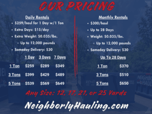 Neighborly Hauling pricing chart showing daily and monthly dumpster rental rates, weight limits, and fees.
