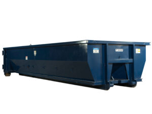 Large blue bathtub-style roll-off dumpster on a white background.