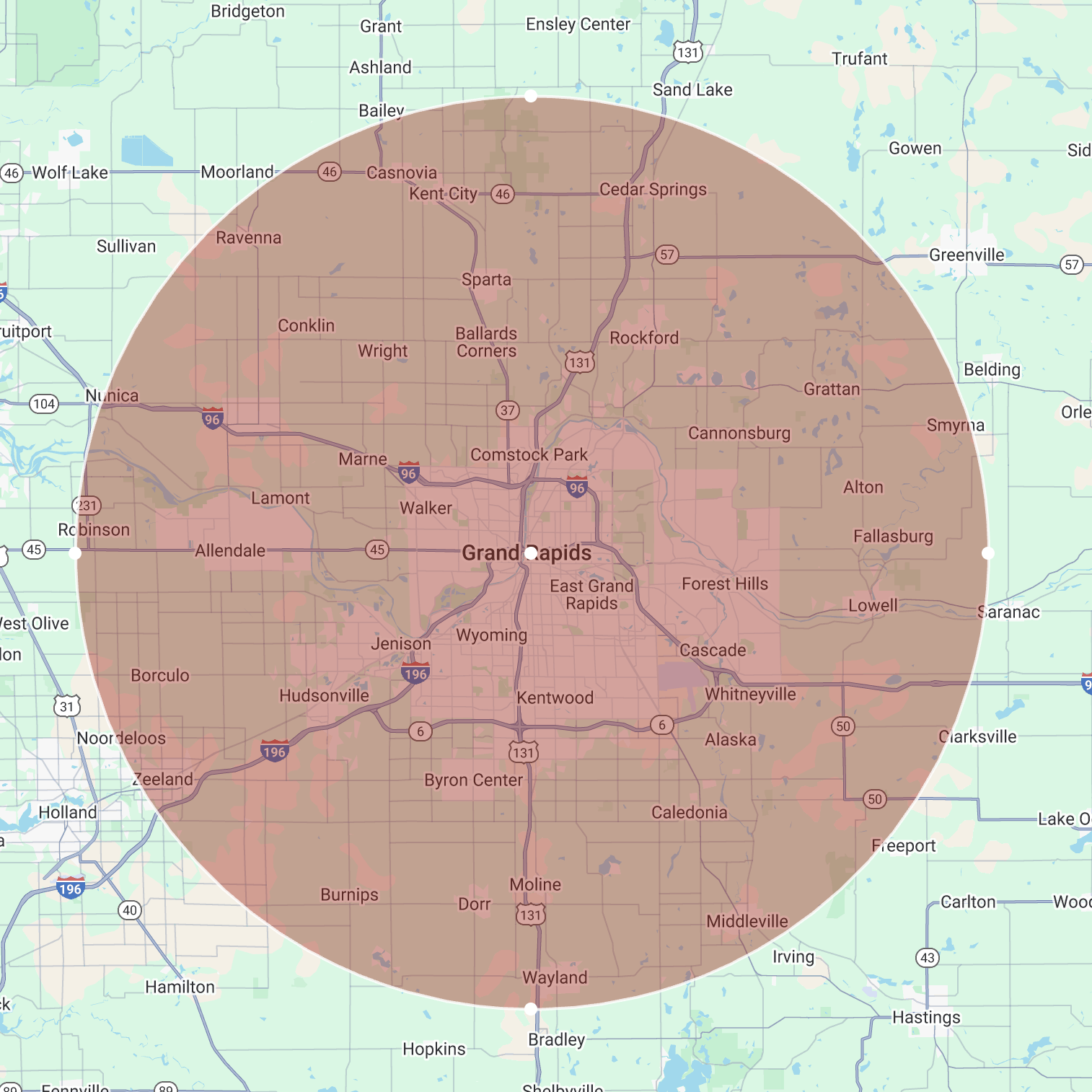 Service area map showing Neighborly Hauling’s coverage radius around Grand Rapids, Michigan.